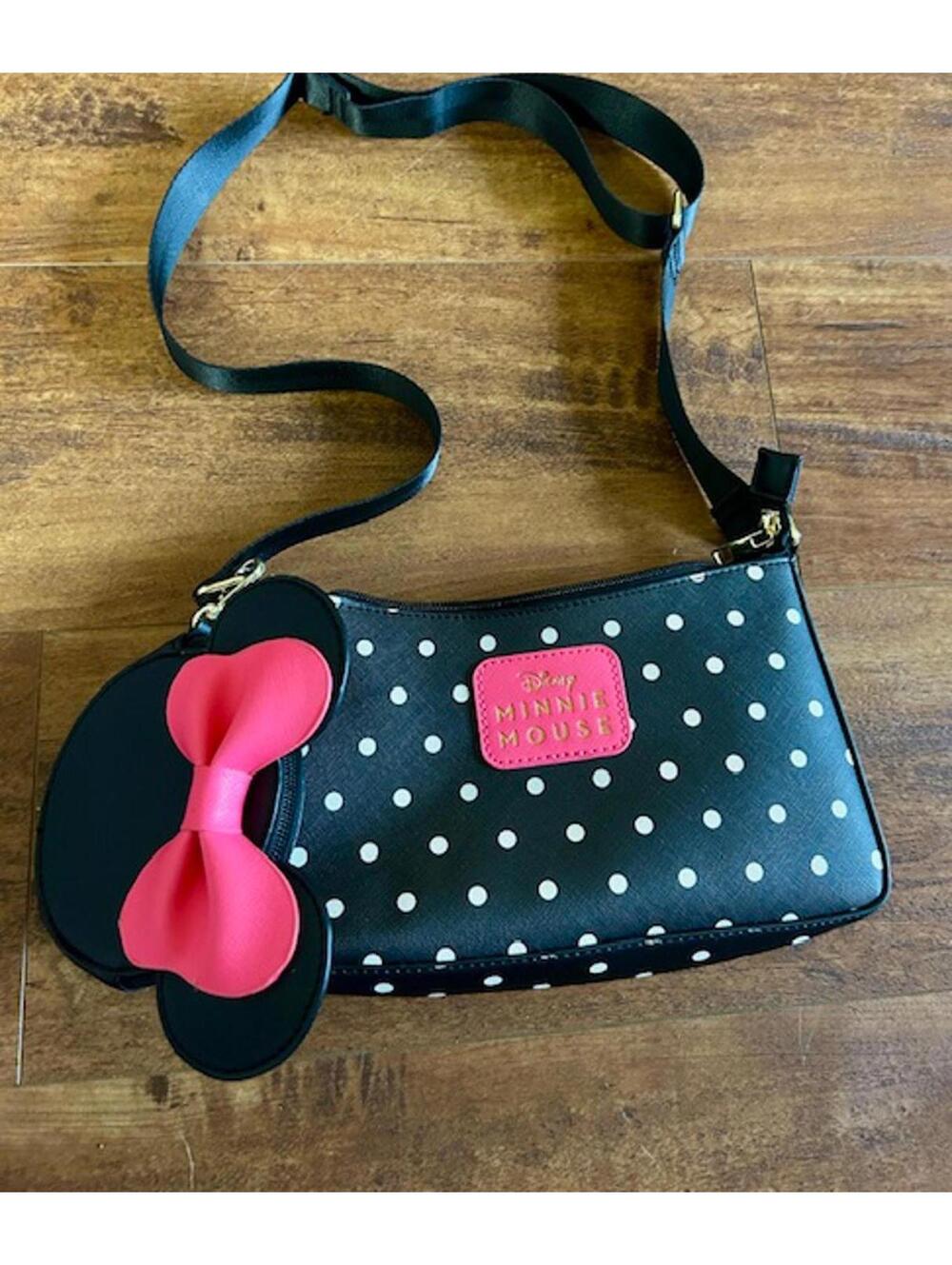 Disney Minnie Mouse Black Polka Dot Crossbody Bag with Pink Bow Charm